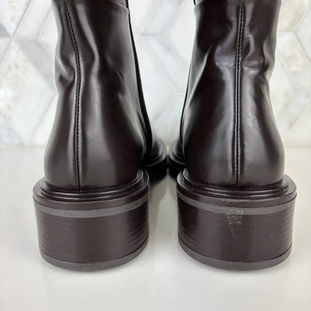 39/9 Dark Brown Walnut Round Toe Block Heel Wide Sole Knee High Pull On Zip Boot