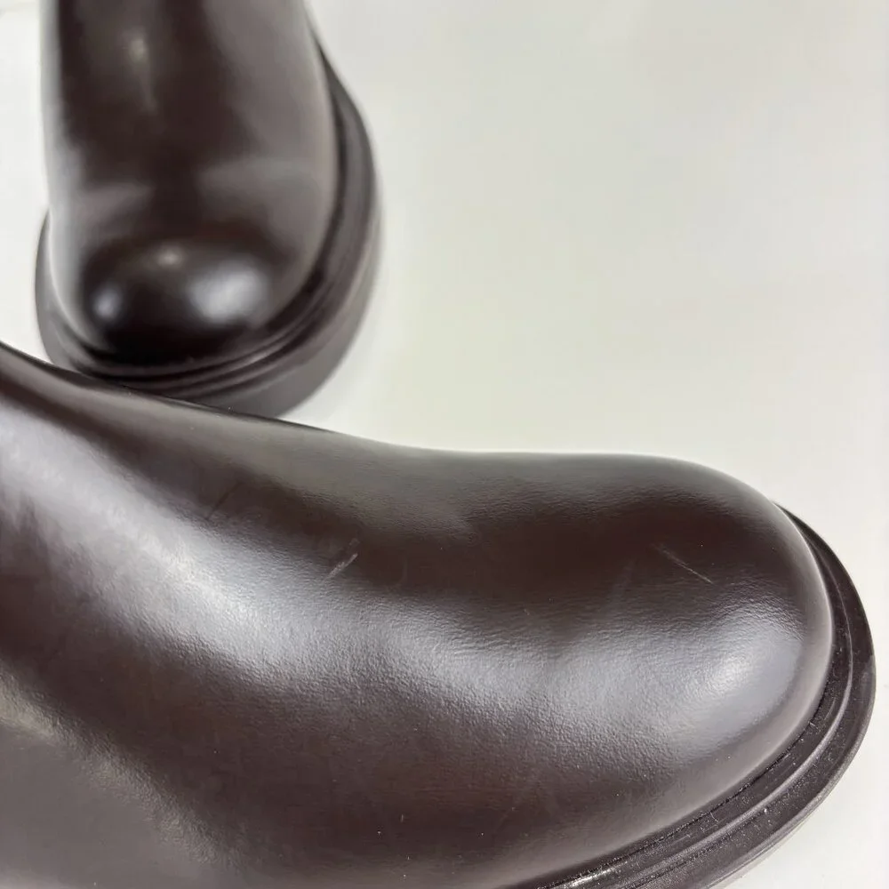 39/9 Dark Brown Walnut Round Toe Block Heel Wide Sole Knee High Pull On Zip Boot