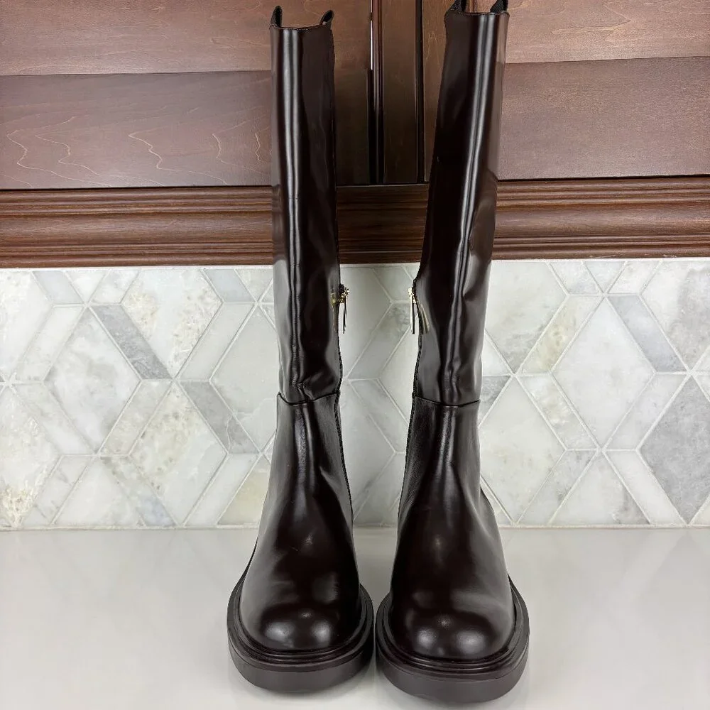 39/9 Dark Brown Walnut Round Toe Block Heel Wide Sole Knee High Pull On Zip Boot