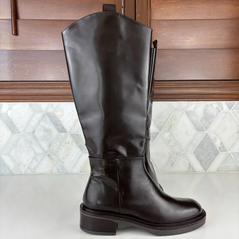39/9 Dark Brown Walnut Round Toe Block Heel Wide Sole Knee High Pull On Zip Boot