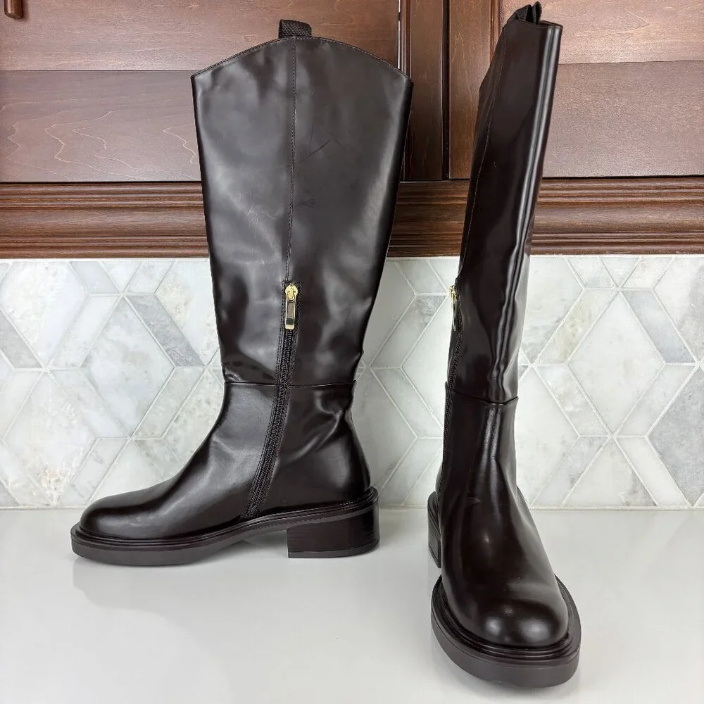 39/9 Dark Brown Walnut Round Toe Block Heel Wide Sole Knee High Pull On Zip Boot