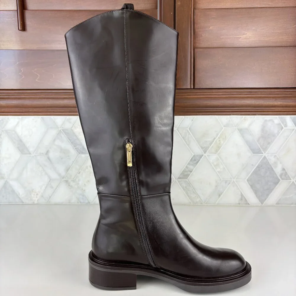 39/9 Dark Brown Walnut Round Toe Block Heel Wide Sole Knee High Pull On Zip Boot