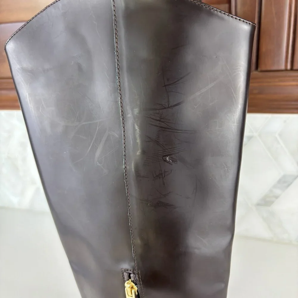 39/9 Dark Brown Walnut Round Toe Block Heel Wide Sole Knee High Pull On Zip Boot