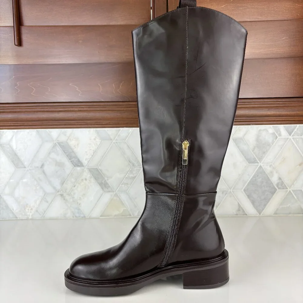 39/9 Dark Brown Walnut Round Toe Block Heel Wide Sole Knee High Pull On Zip Boot