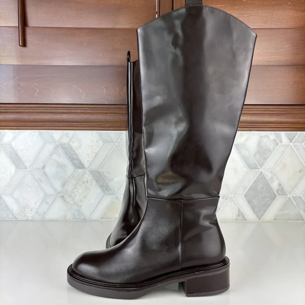39/9 Dark Brown Walnut Round Toe Block Heel Wide Sole Knee High Pull On Zip Boot