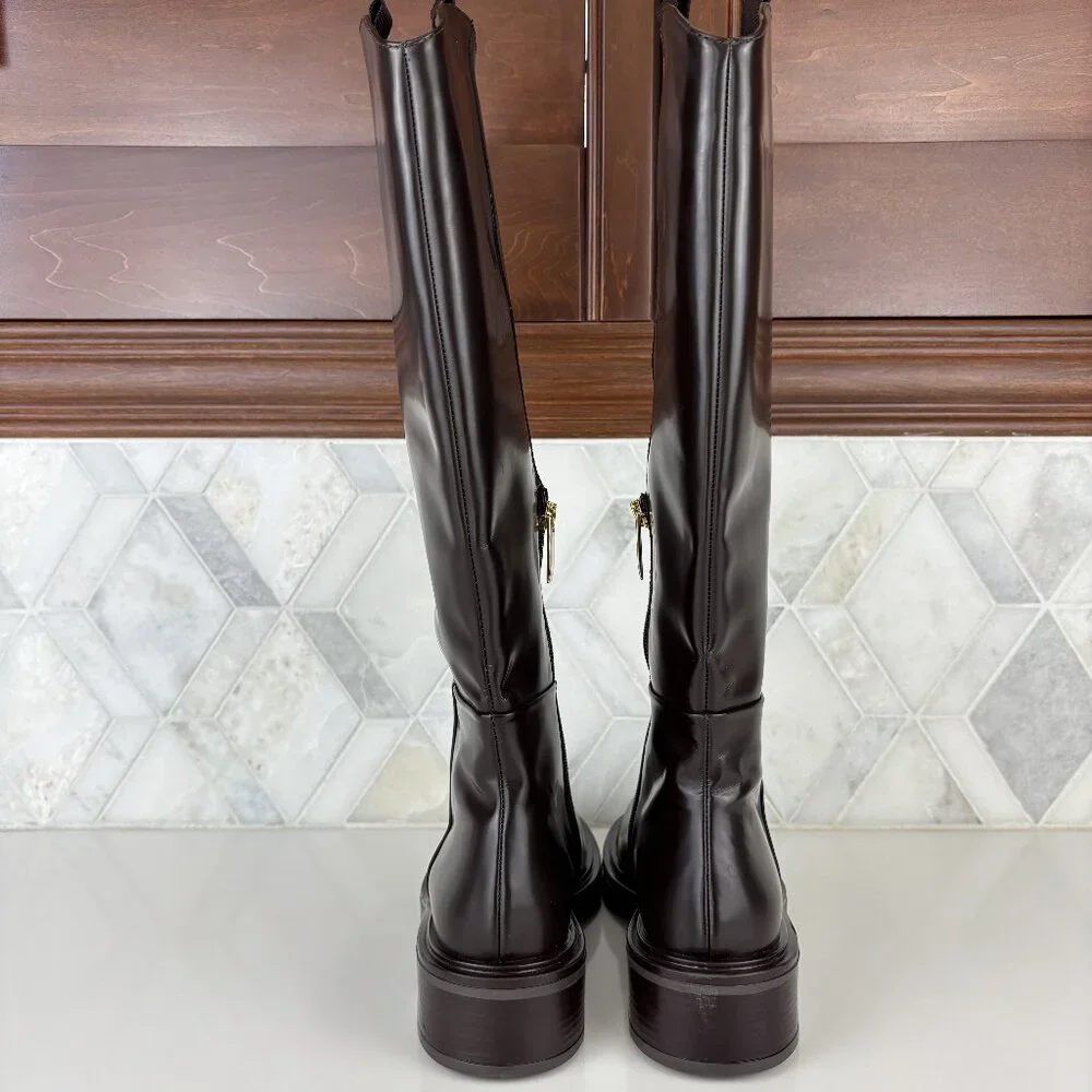 39/9 Dark Brown Walnut Round Toe Block Heel Wide Sole Knee High Pull On Zip Boot