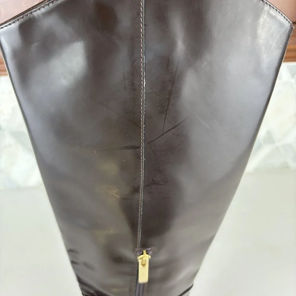 39/9 Dark Brown Walnut Round Toe Block Heel Wide Sole Knee High Pull On Zip Boot