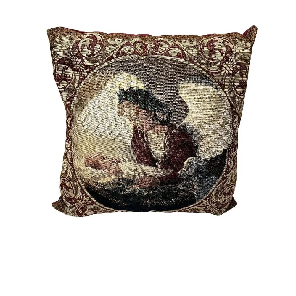 Decorative Vintage Christmas Tapestry Pillow With Angel & Baby 16 x 16 burgundy‎
