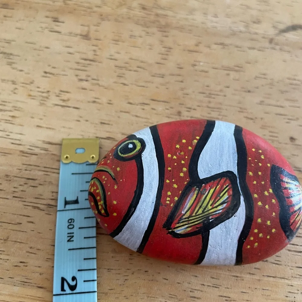Hand crafted painted clownfish rock orange white yellow black dotted 1.5x3 inch