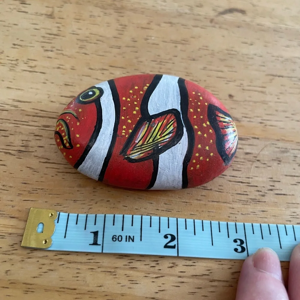 Hand crafted painted clownfish rock orange white yellow black dotted 1.5x3 inch