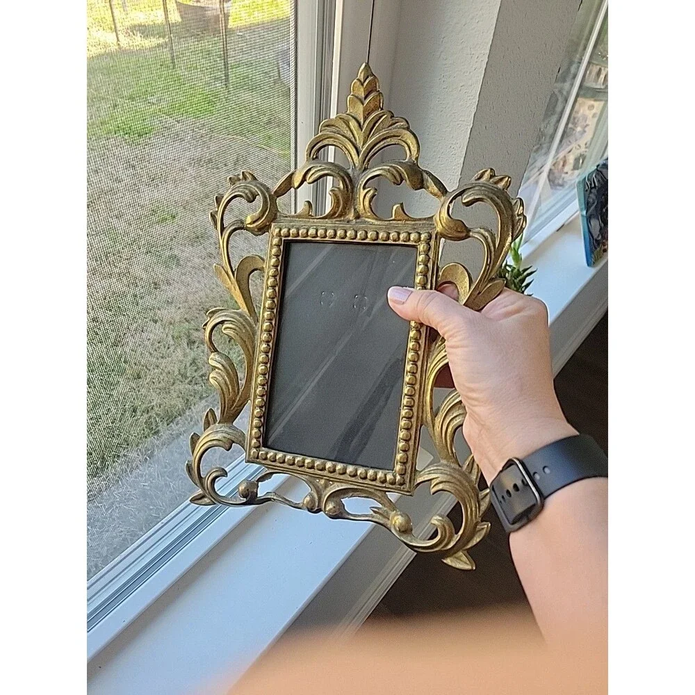 Vintage Ornate Cast Brass Art Nouveau Picture Frame Holds 4” X 6” Picture