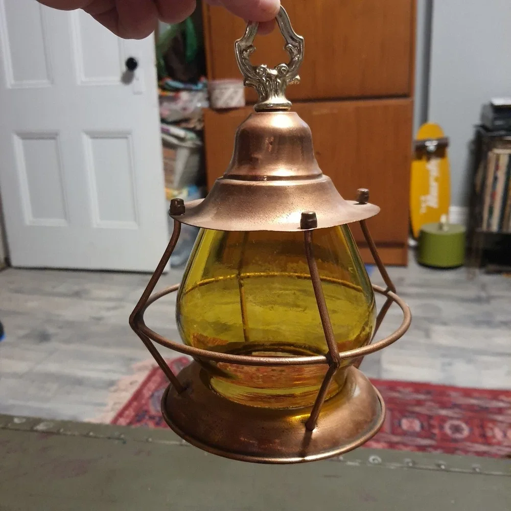 Vintage Metal Copper & Amber Glass Hanging Cage Lantern Naurical Railroad Decor