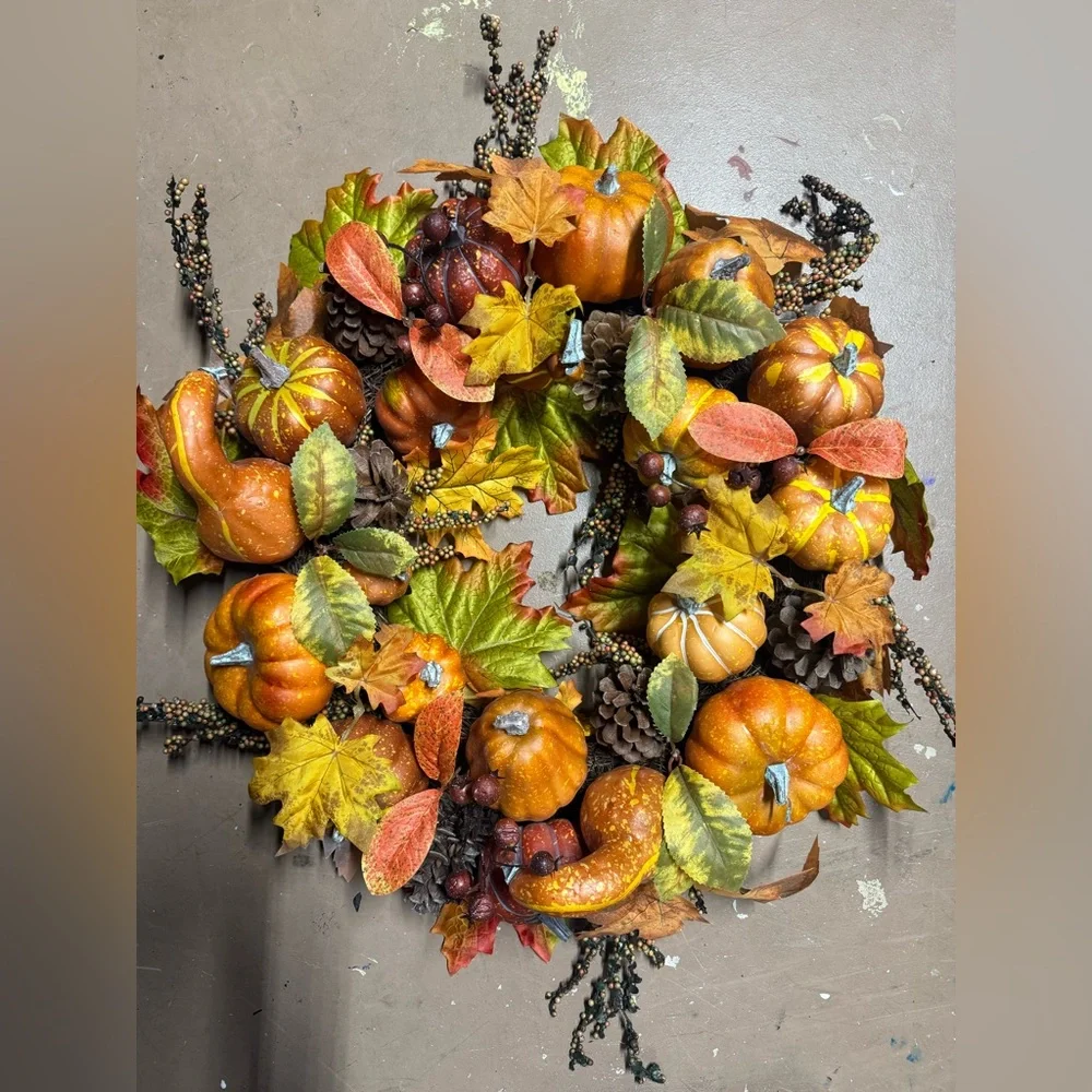 NWT At Home Harvest Wreath with Pumpkins and Leaves