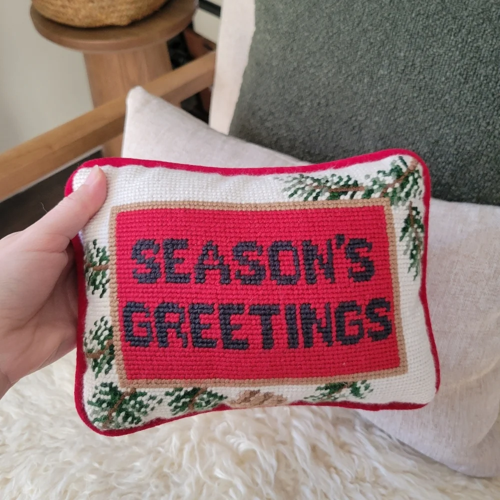 Vintage Christmas “Seasons Greeting” Needlepoint Pillow 6x8