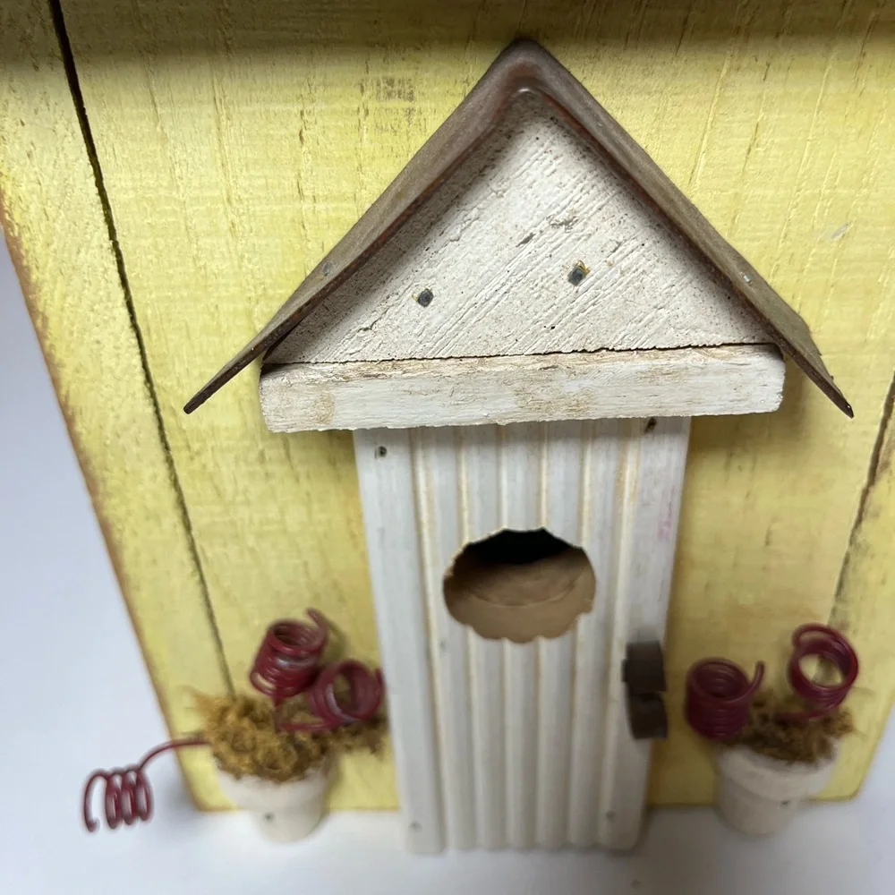 NWT crate & barrel stone chimney birdhouse. Great yellow wood & metal birdhouse