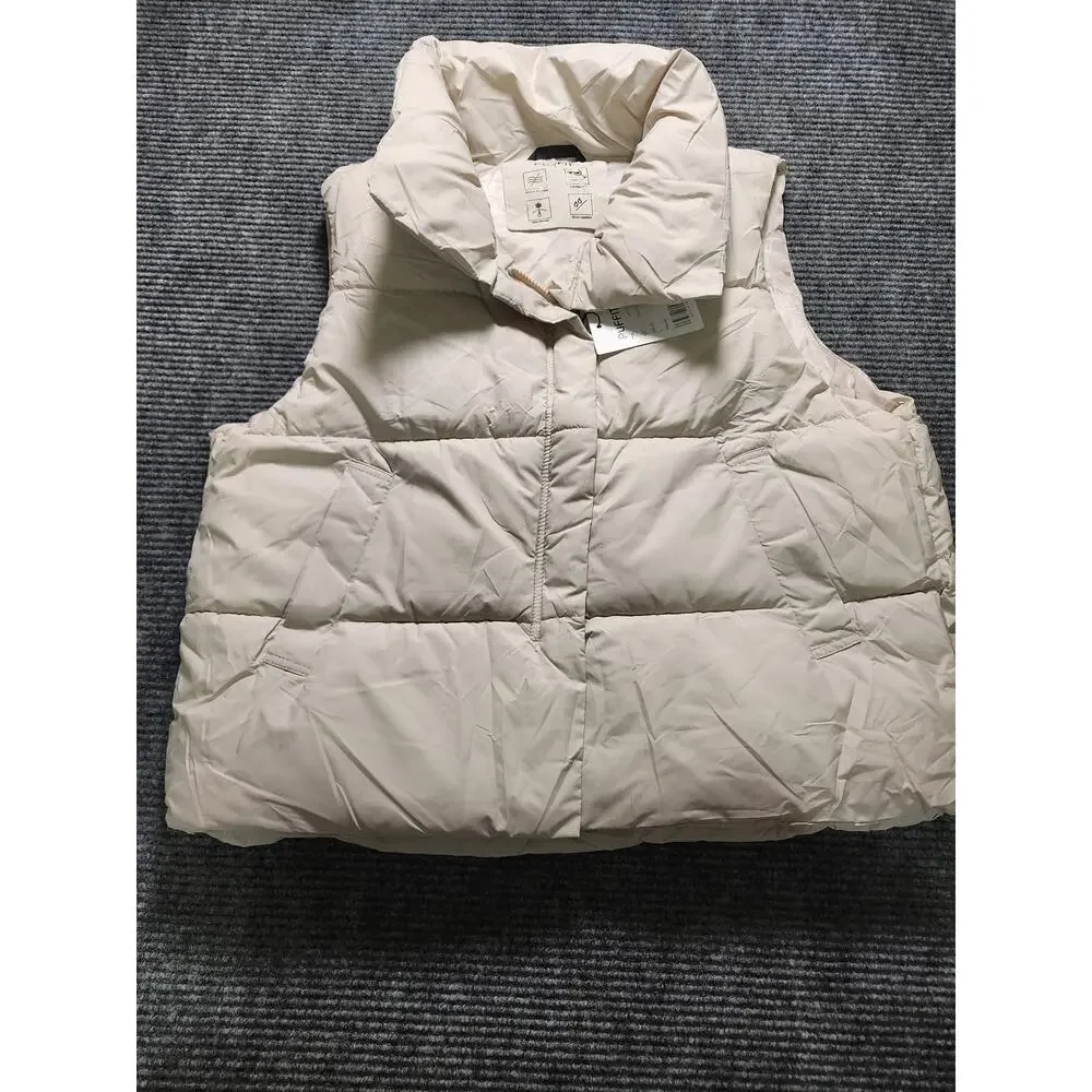 Puffit Cream Womens L High Neck Puffer Vest Side Pockets Outerwear Cozy