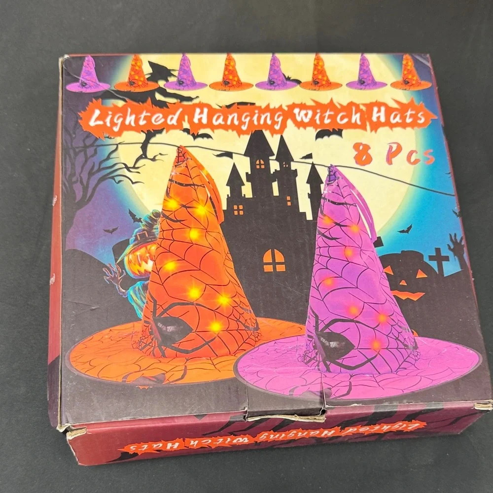 Lighted Hanging Witch Hats - 8 Pcs - Purple and Orange