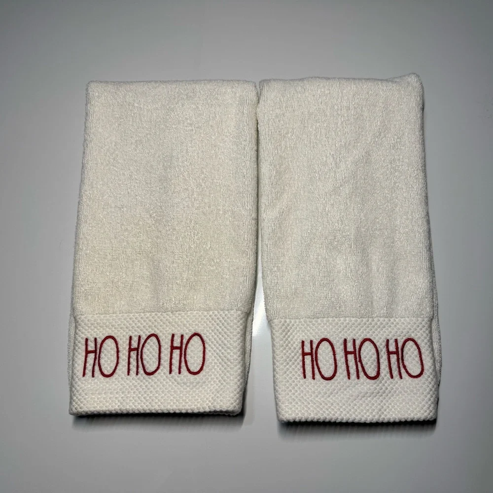 Rae Dunn Holiday Ho Ho Ho White Hand Towels With Red Writing. Set Of 2