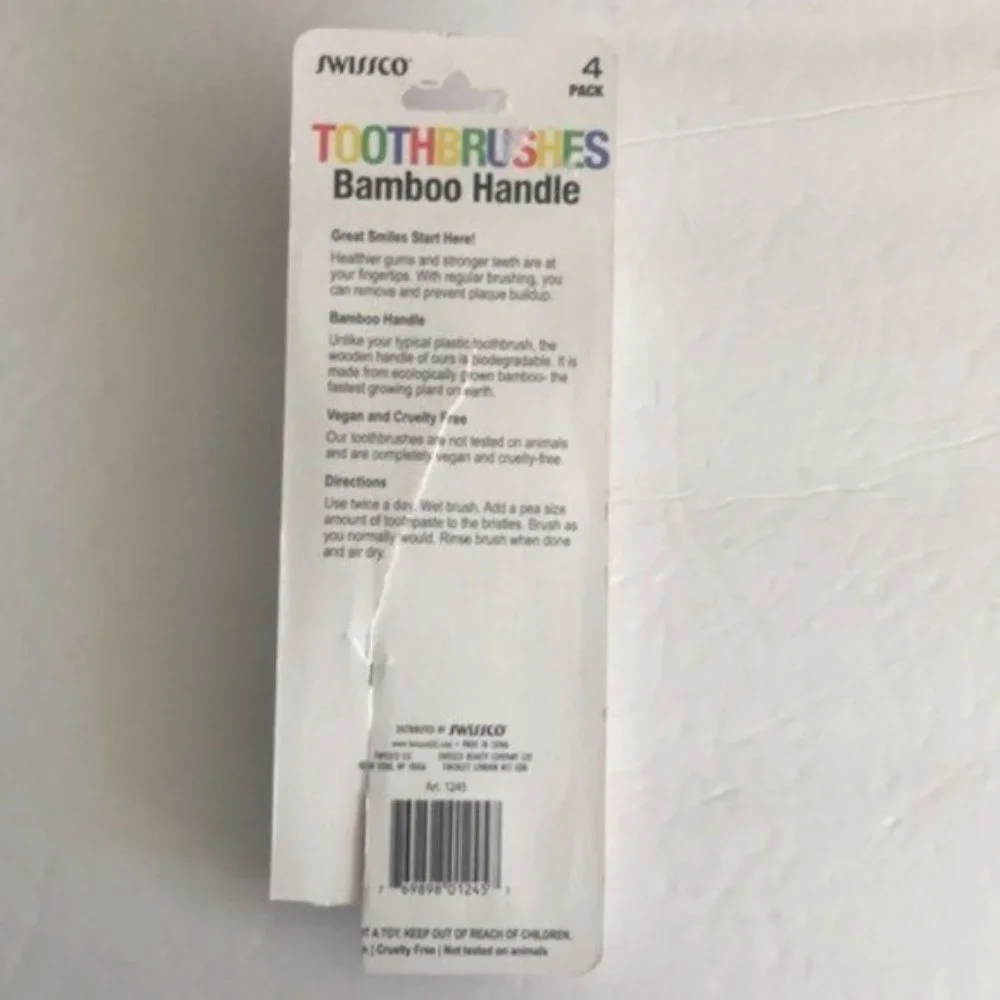 Swissco Rainbow 3 pc Toothbrushes Bamboo Handle Adult Soft Open Box New