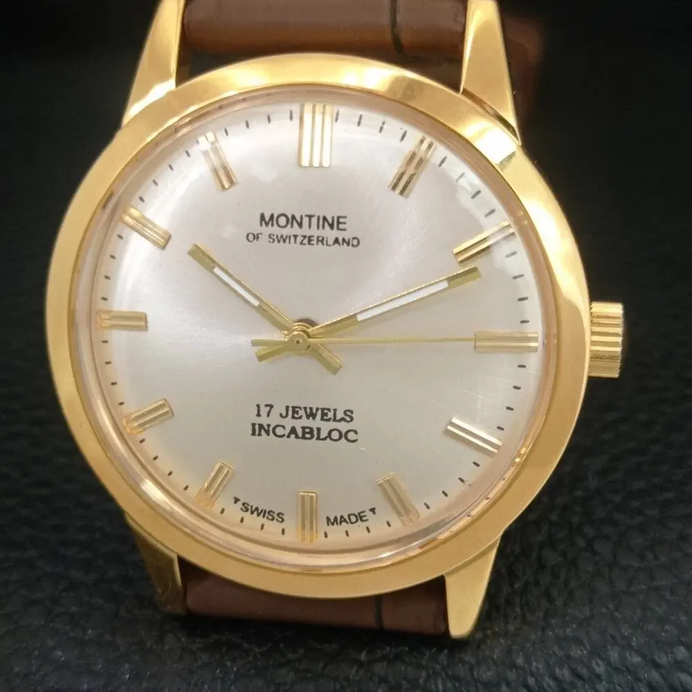 Vintage 1977 Montine Of Switzerland Manual Mens Gold Watch W/Leather Strap