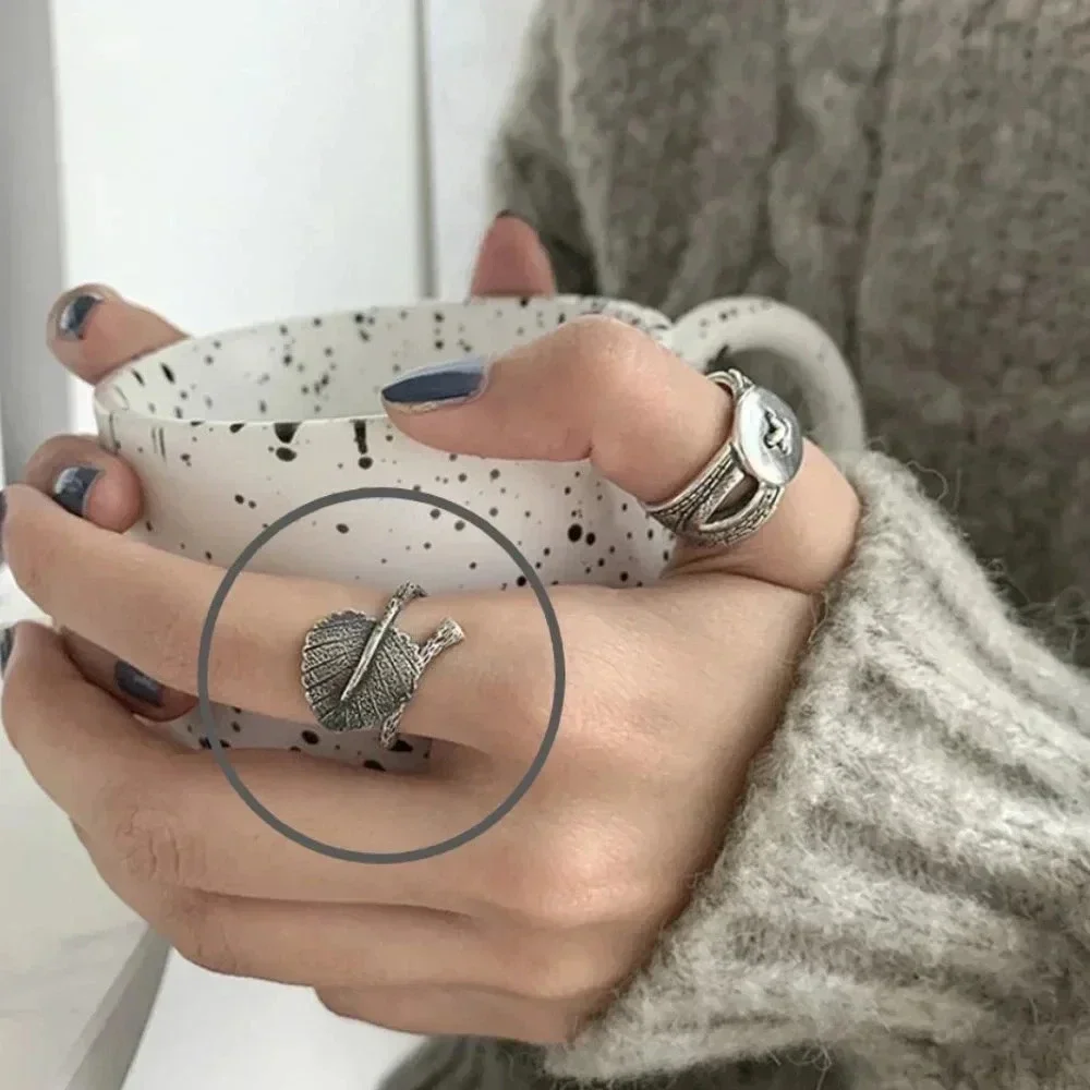 Minimalist 925 Sterling Silver Leaf Wrap Ring Textured Statement Ring
