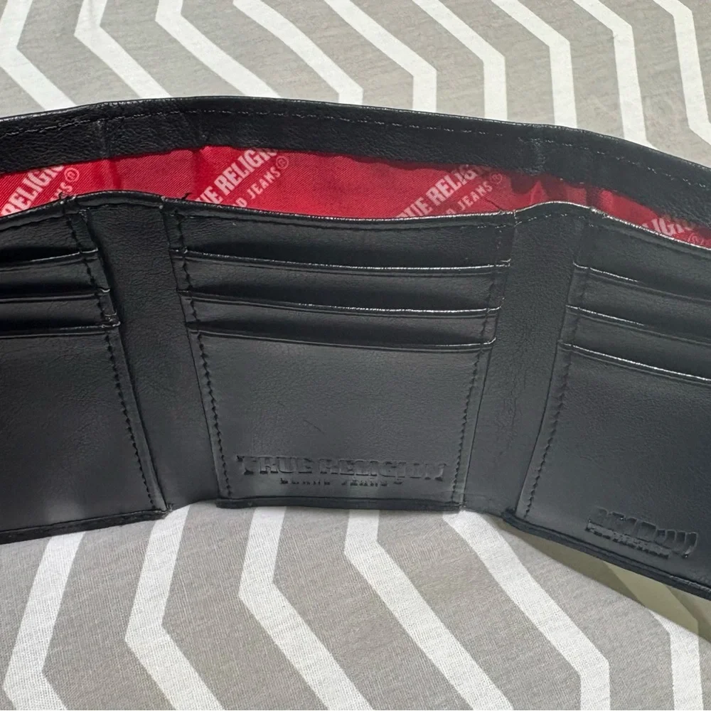 True Religion Black Leather tri fold wallet