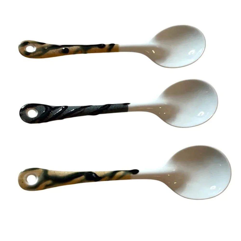 Handcrafted Ceramic Soup Spoons with Abstract Design Handles Set of 3