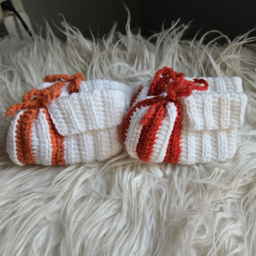 Handmade Knitted Baby Booties - White, Red, and Orange