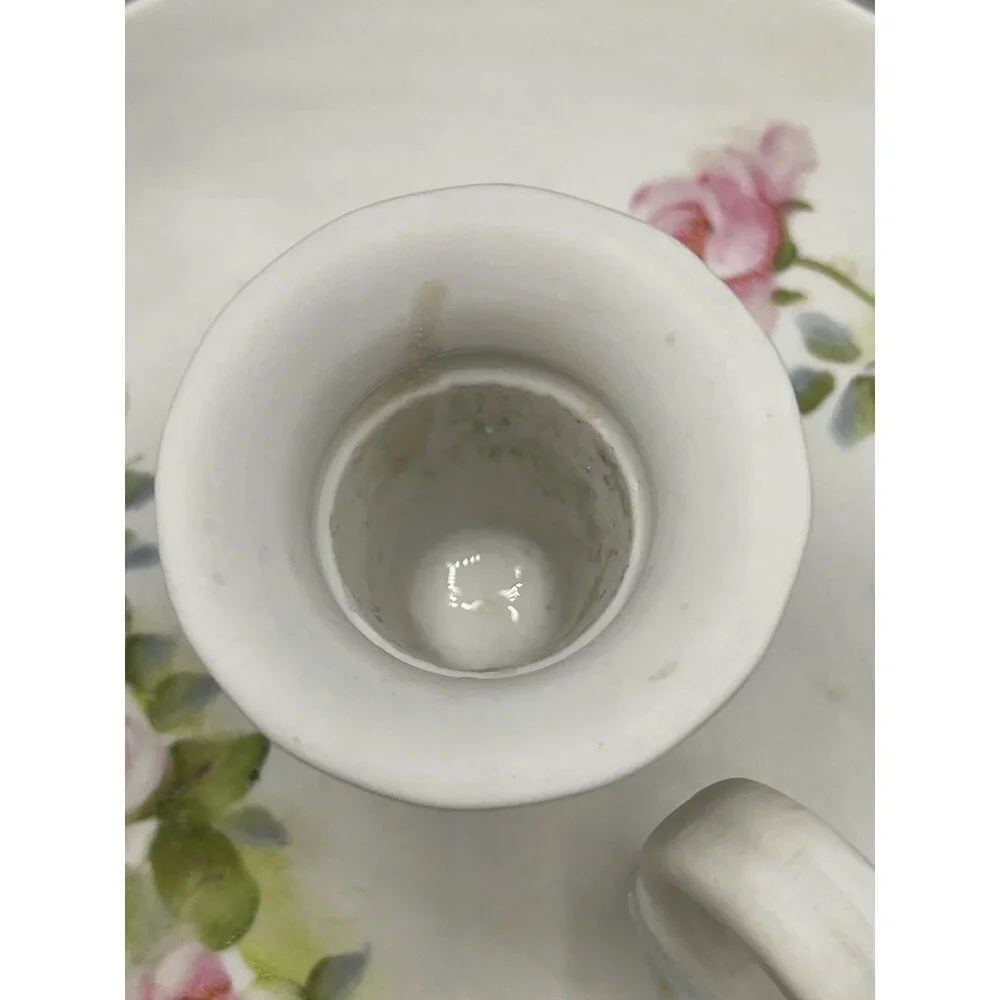 Vtg Hand-Painted Floral Porcelain Chamberstick Candle Holder Cottage Shabby Chic