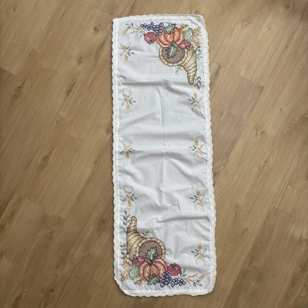 Cross Stitch Thanksgiving Table Runner Dresser Scarf Fall Autumn Cornucopia 42
