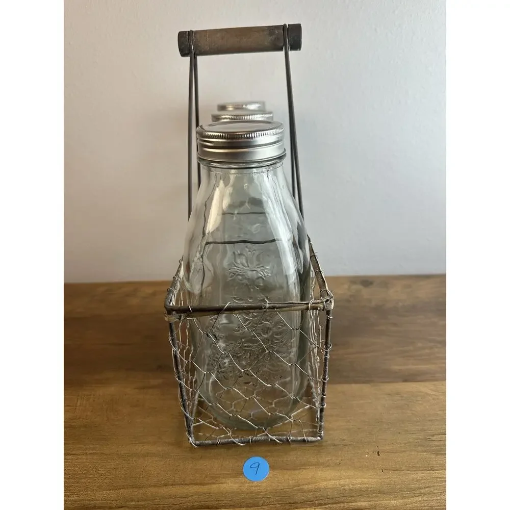 Vintage Glass Milk Bottles Wire Basket Trio Farmhouse Kitchen Decor