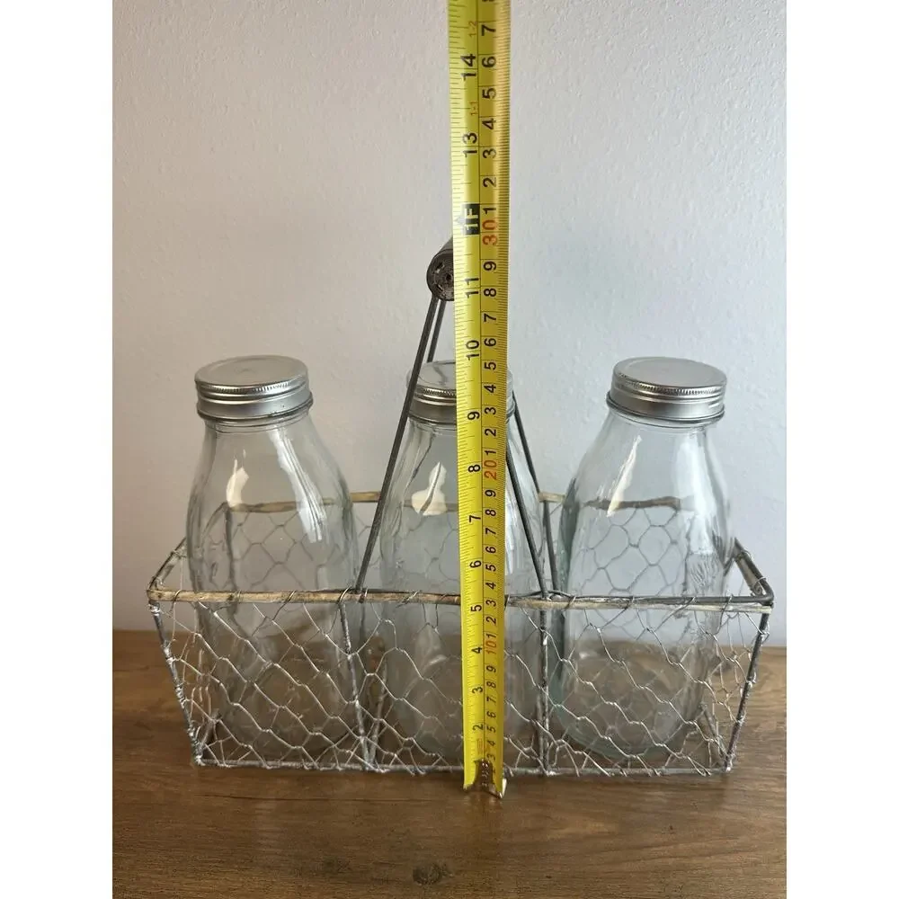 Vintage Glass Milk Bottles Wire Basket Trio Farmhouse Kitchen Decor