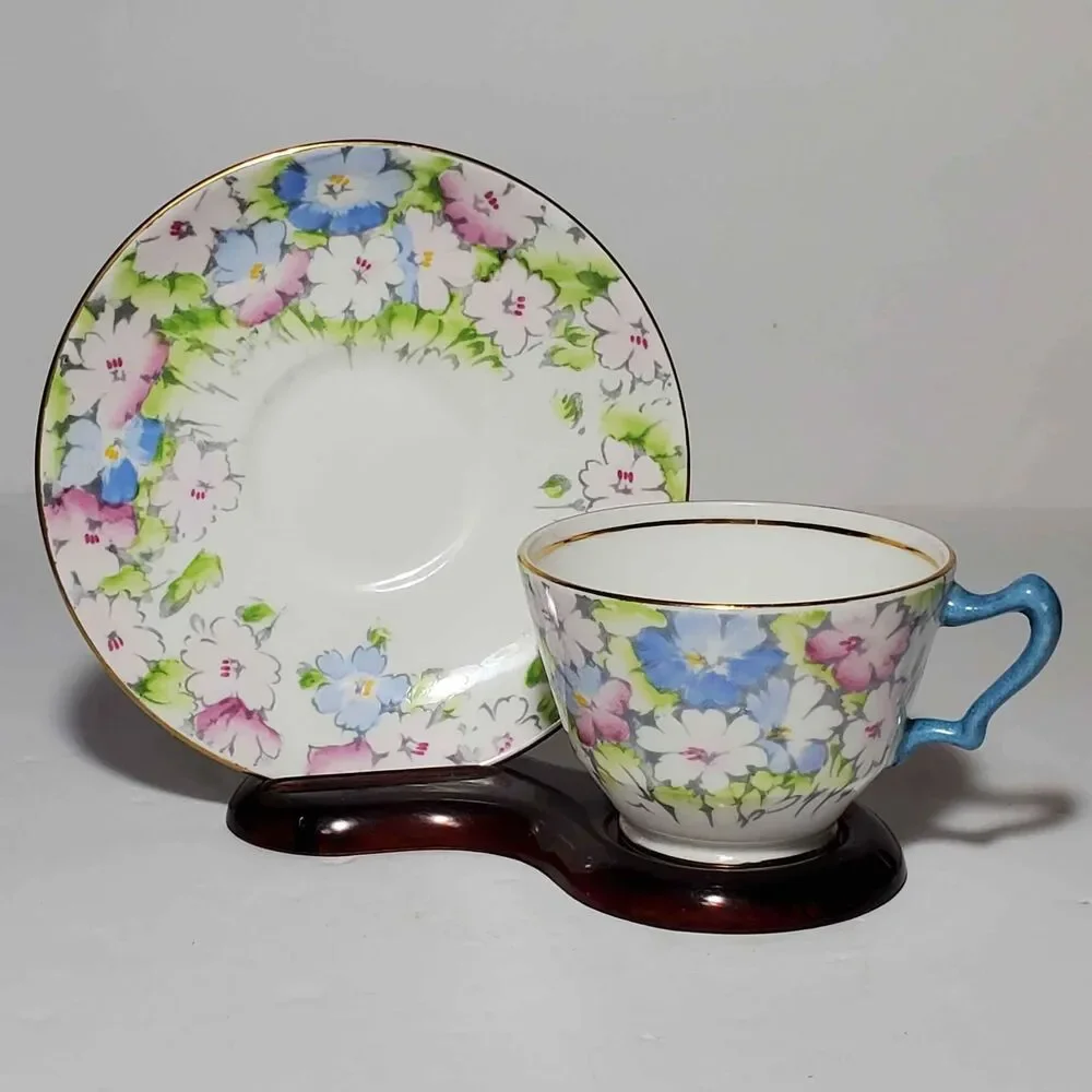 Crown Staffordshire Teacup and Saucer Pink Blue Flowers
