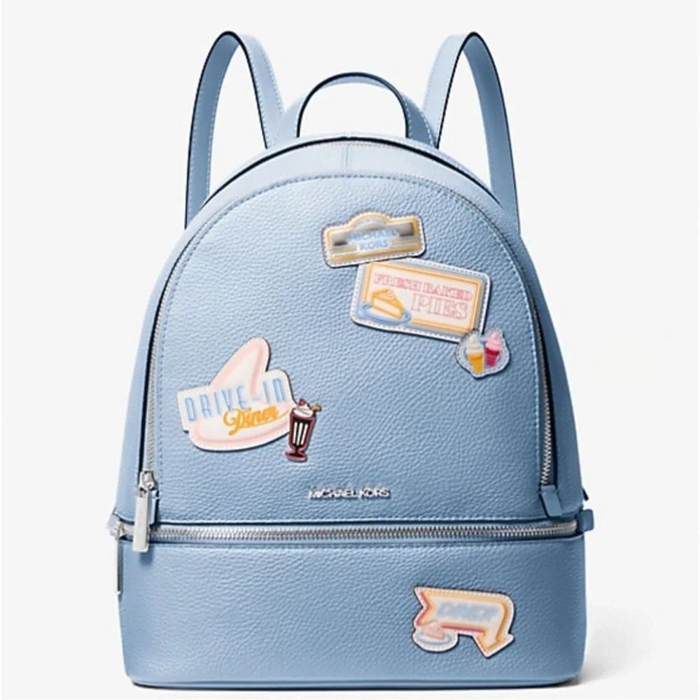 Michael Kors Blue Rhea Embellished Medium Backpack with Patches NWT