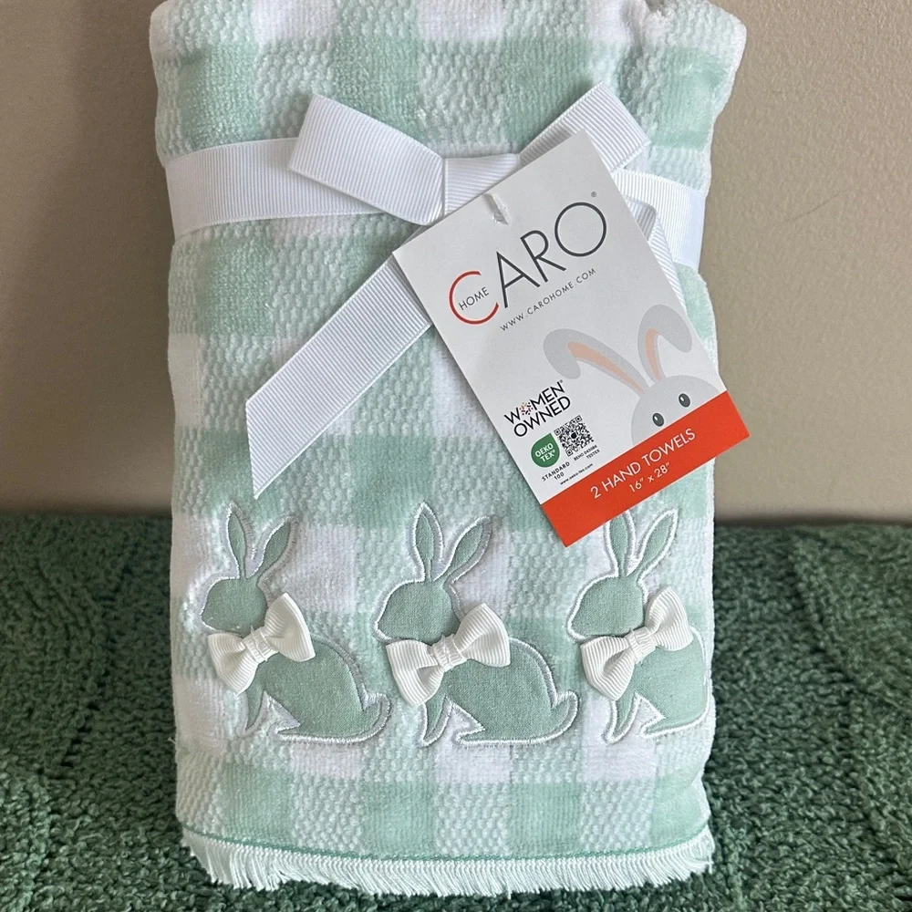 Caro Home Easter Bunny 🐰 Hand Towels Mint Green & White Check Set of 2 NEW!