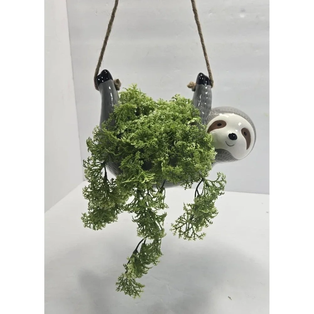 Handmade Sloth Hanging Planter with Faux Greenery – Cute Ceramic Wall Decor