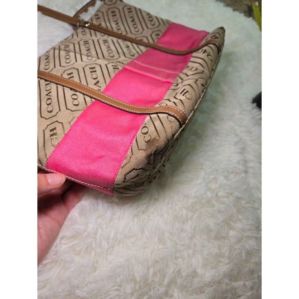 Coach Gallery Optic Print Pink Stripe Tote Bag Purse Handbag