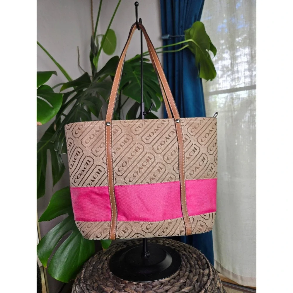 Coach Gallery Optic Print Pink Stripe Tote Bag Purse Handbag