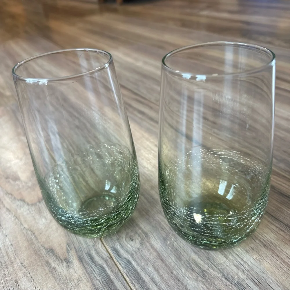 Two Pier 1 Crackle Glass Tumbler Olive Green Highball  Retired  Blown Glass