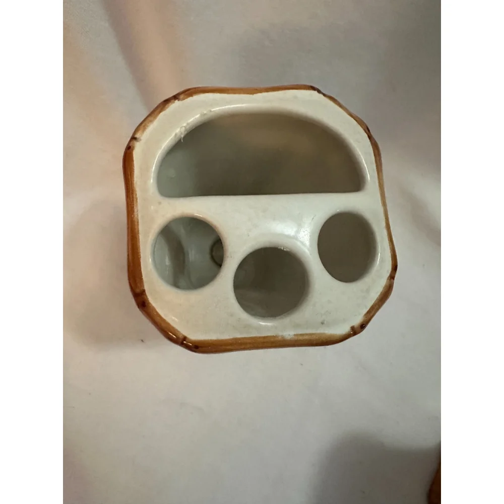 Vintage Springmaid Palm Tree Bathroom Set Toothbrush Holder & Tumbler Cup Cerami