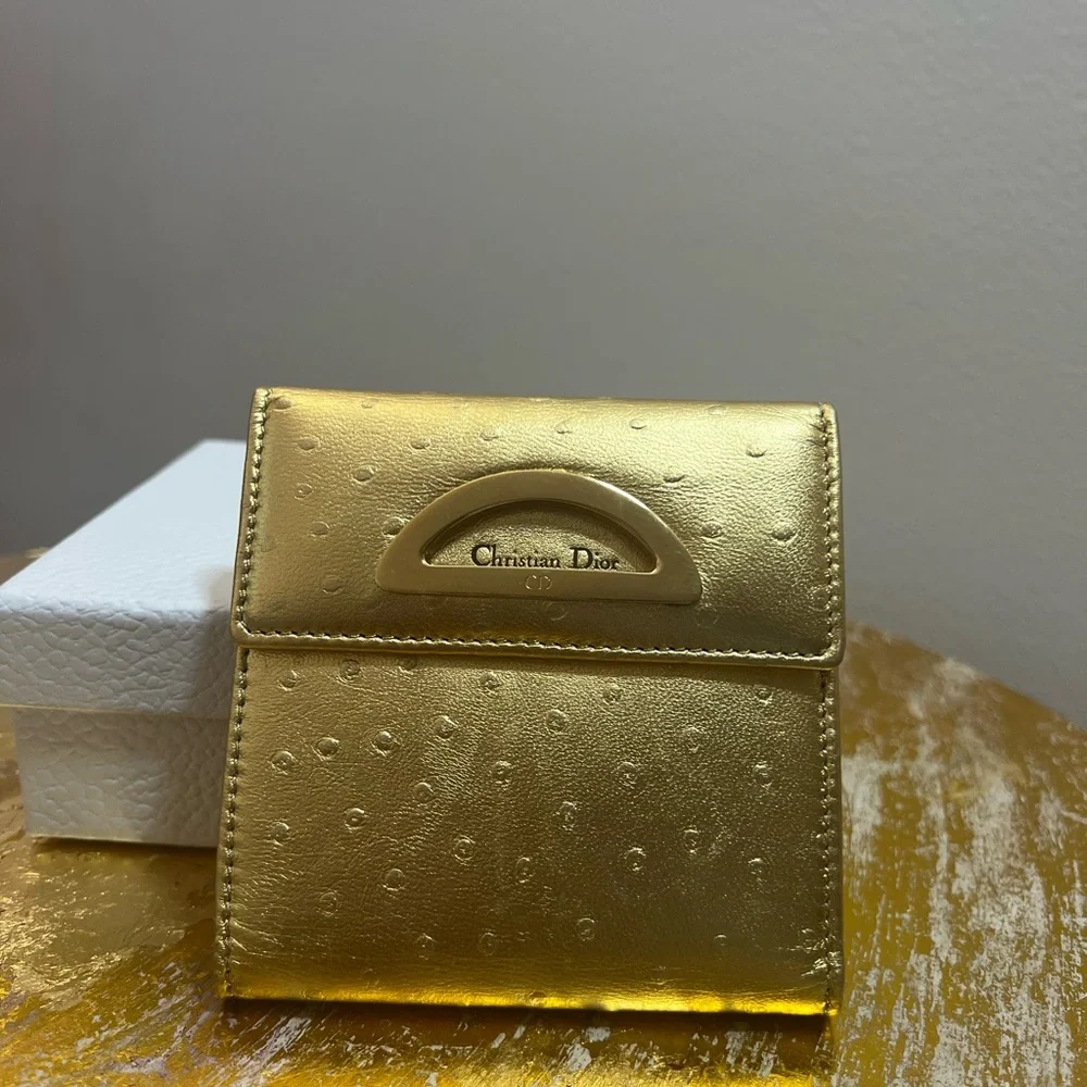 💛EUC💛 Christian Dior Compact Wallet - Gold Vintage Ostrich Embossed