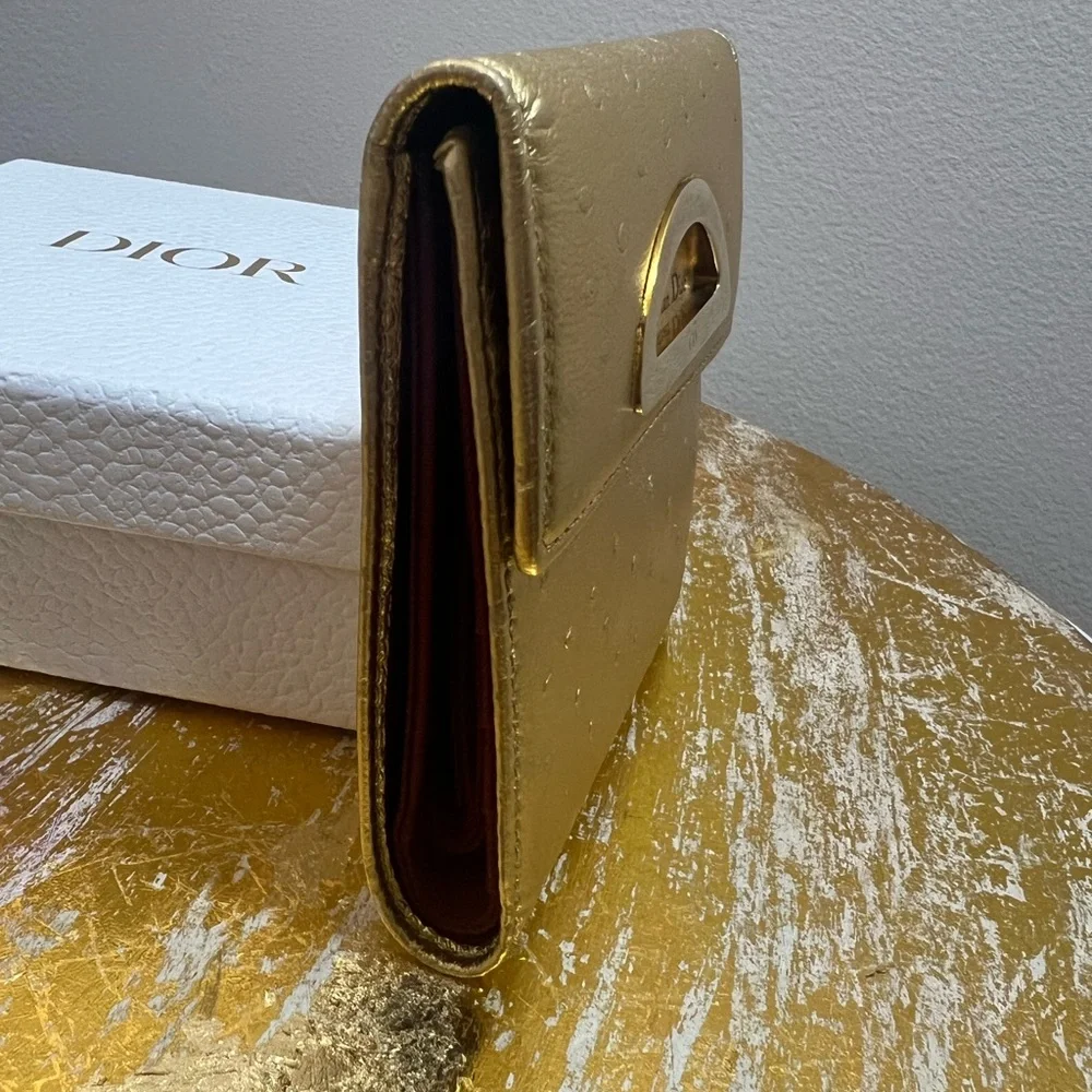 💛EUC💛 Christian Dior Compact Wallet - Gold Vintage Ostrich Embossed
