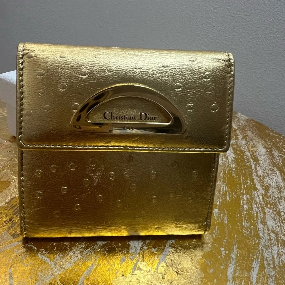 💛EUC💛 Christian Dior Compact Wallet - Gold Vintage Ostrich Embossed