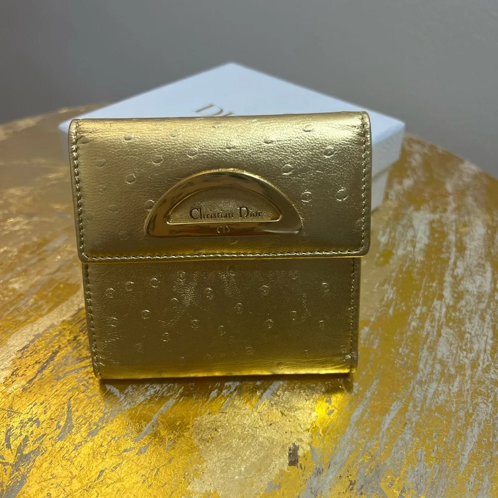 💛EUC💛 Christian Dior Compact Wallet - Gold Vintage Ostrich Embossed