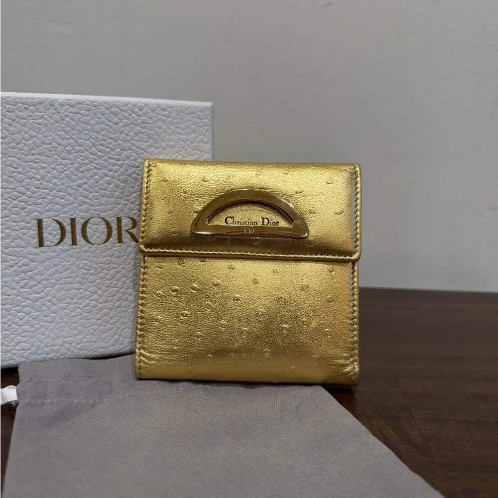 💛EUC💛 Christian Dior Compact Wallet - Gold Vintage Ostrich Embossed