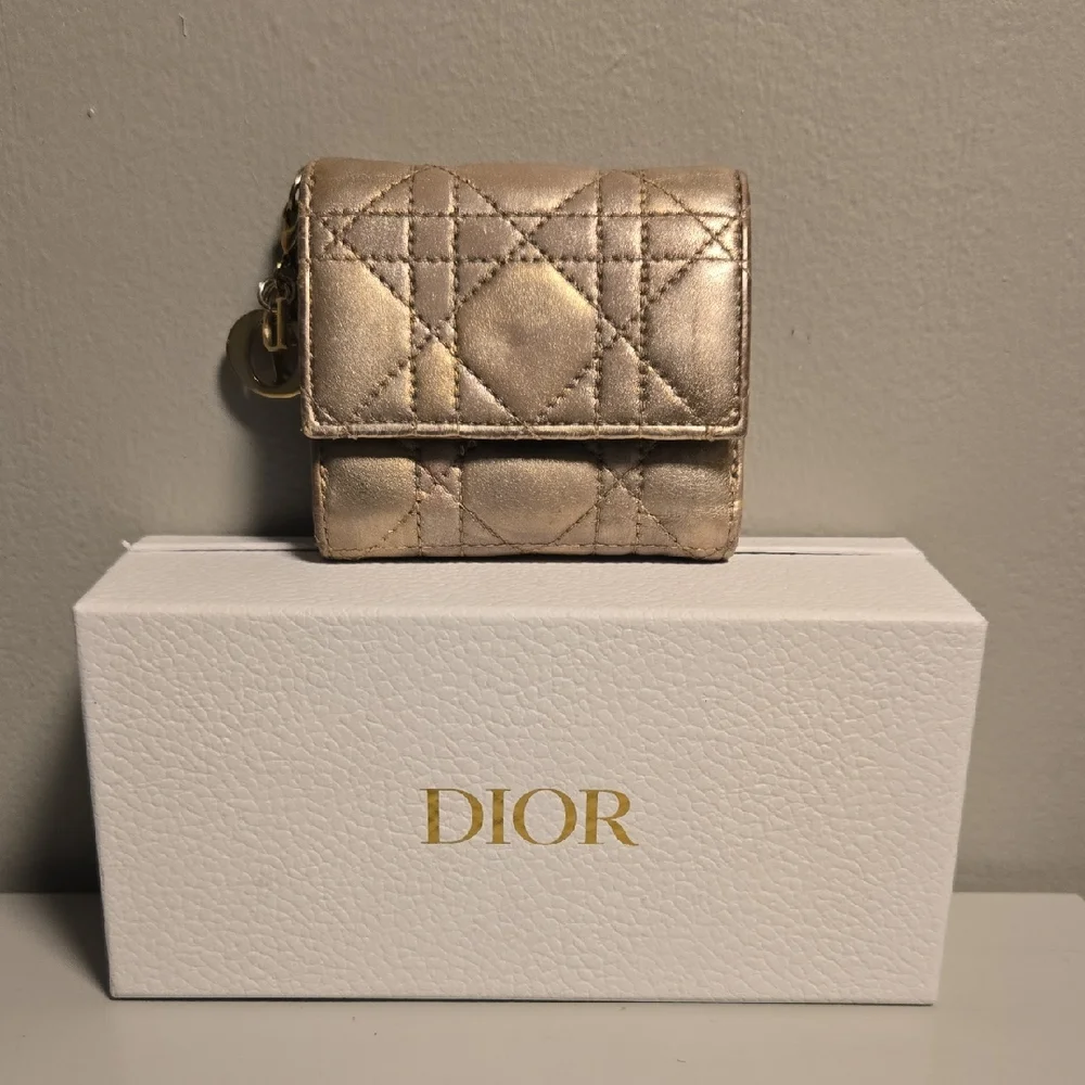 Dior Compact Wallet Lady Lotus Cannage Metallic Gold Quilted