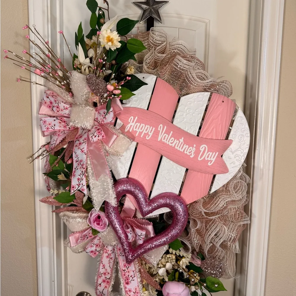 Valentine's Day Heart Wreath with Pink and White Accents