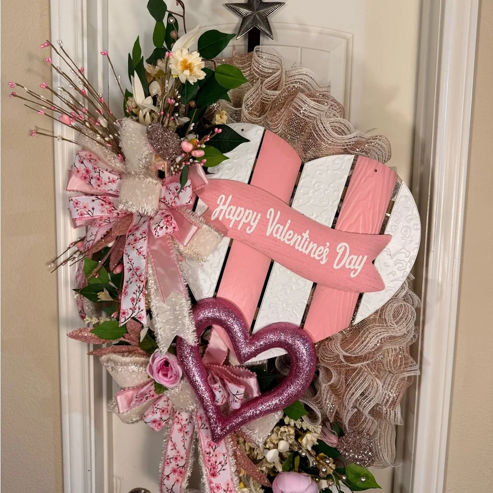 Valentine's Day Heart Wreath with Pink and White Accents