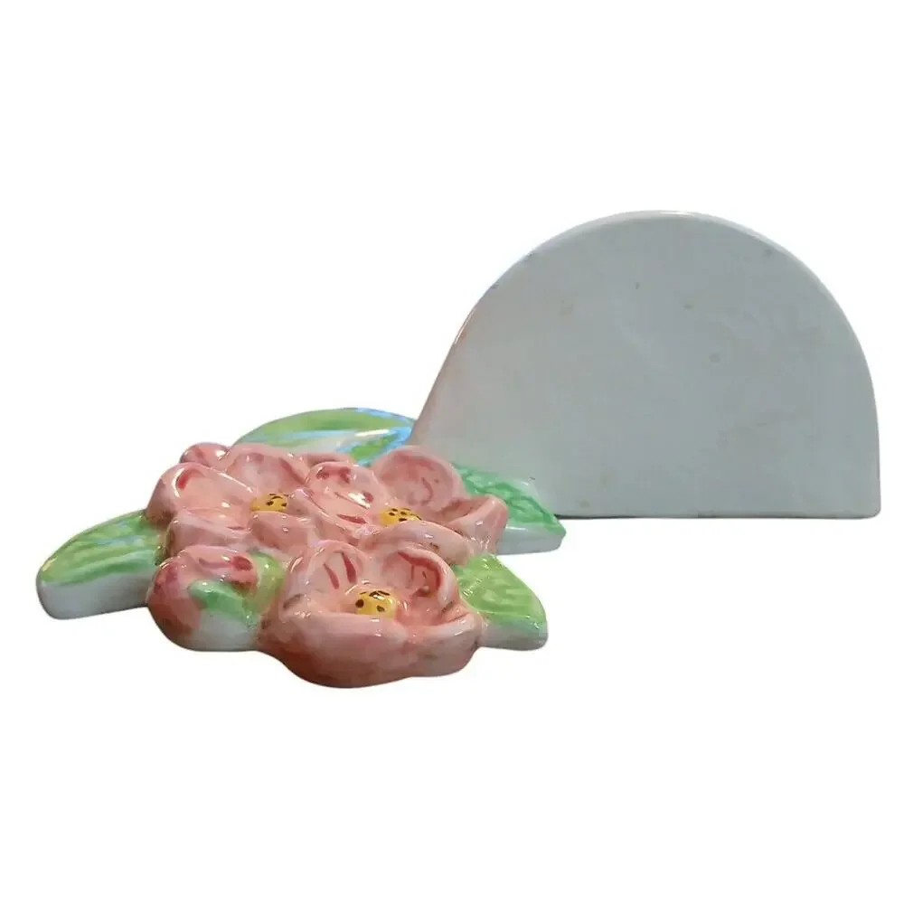 Vtg Pink Bouquet of Flowers Green Leaves Bow Ceramic Hanging Wall‎ Shelf Decor