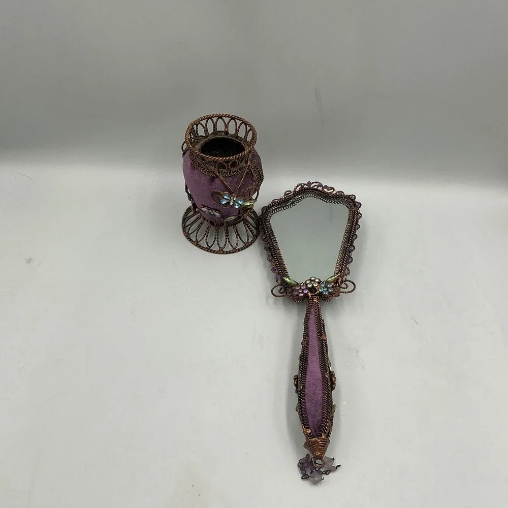 Vintage Style Purple Velvet Copper Filigree Hand Mirror and Vanity Cup Set